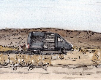 DESERT VAN - Joshua Tree, VanThere, BLM, Camper Van, Sprinter, Vanlife, Drawing, Pen and Ink, Watercolor, Painting, Art, Sketch, Drawn There