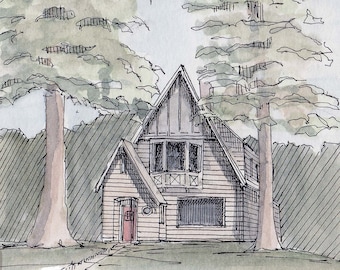 TALL TREES - Small House in Bend Oregon, Drawing, Architecture, Watercolor Painting, Sketchbook, Art Print, Urbansketcher, Drawn There