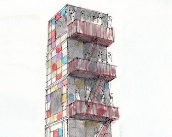 BLACK ROCK CITY - Kaleidoscope Stacked Cubes, Architecture, Drawing, Painting, Ink, Watercolor, Sketchbook, Art Print, Drawn There