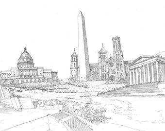 WASHINGTON DC MONUMENTS - Lincoln Memorial, Capitol, Washington Monument, Jefferson Memorial, Smithsonian, Pen and Ink, Drawn There