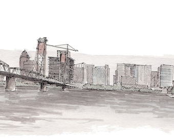 PORTLAND HAWTHORNE BRIDGE - Drawing, Pen and Ink, Watercolor Painting, Skyline, Architecture, River, Sketchbook, Art, Print, Drawn There