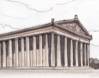 NASHVILLE PARTHENON - Classical Architecture, Centennial Park, Tennessee, Plein Air Watercolor Painting, Drawing, Art Print, Drawn There