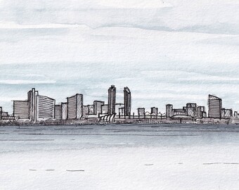 SAN DIEGO SKYLINE - California, Architecture, City, Reflection, Downtown, Architecture, Ink & Watercolor, Drawing, Sketch, Art, Drawn There