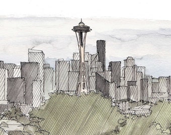 SEATTLE SKYLINE from Kerry Park - Space Needle, Washington, Drawing, Ink, Watercolor, Painting, Sketchbook, Art, Architecture, Drawn There