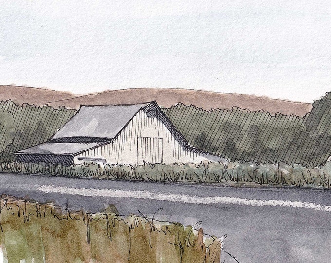 WHITE BARN near New Cuyama, California - Plein Air Watercolor Landscape Painting, Farm, Sketchbook, Art Print, Drawn There