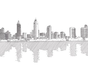 SAN DIEGO SKYLINE - California, Architecture, City, Reflection, Downtown, Architecture, Pen and Ink, Drawing, Sketch, Art, Drawn There