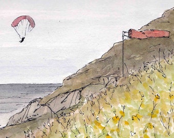 MUSSEL ROCK PARAGLIDING - California, Coast, Flight, Wildflowers, Ink, Drawing, Watercolor, Painting, Sketchbook, Art, Drawn There