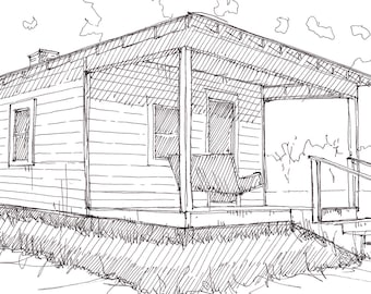 ELVIS PRESLEY BIRTHPLACE - King of Rock & Roll, Tupelo, Mississippi, Shotgun House, Architecture, Pen and Ink Sketch, Art Print, Drawn There