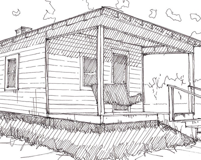 ELVIS PRESLEY BIRTHPLACE - King of Rock & Roll, Tupelo, Mississippi, Shotgun House, Architecture, Pen and Ink Sketch, Art Print, Drawn There