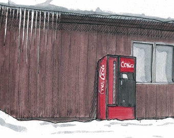 ICE COLD COKE - Ink and Watercolor, Painting, Drawing, Art Print, Sketchbook, Snow, Winter, Coca-Cola, Vending Machine, Soda, Drawn There