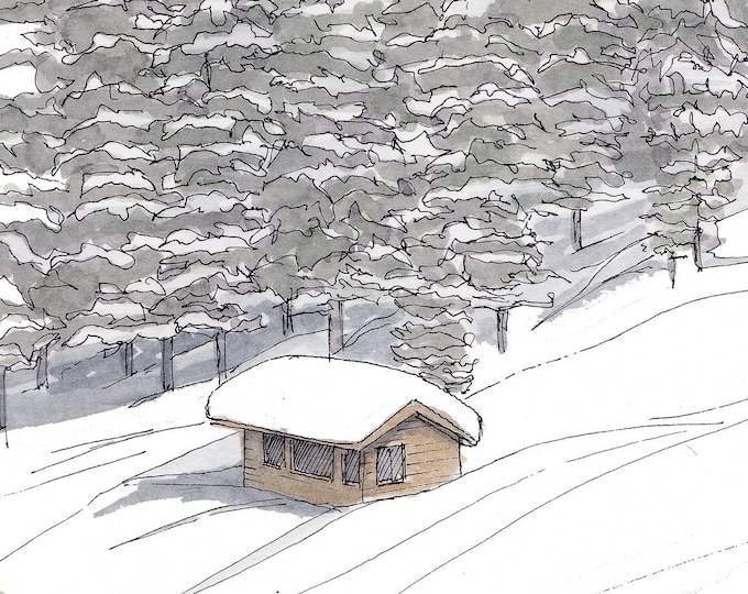 SUN VALLEY Ski Hut, Idaho - Ink and Watercolor, Painting, Drawing, Art Print, Sketchbook, Snow, Winter, Skiing, Snowboarding, Drawn There