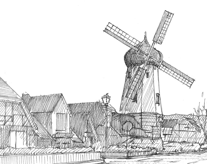 SOLVANG WINDMILL - Danish Architecture, Wine Country, Main Street, Southern California, Drawing, Pen and Ink, Sketchbook, Art, Drawn There