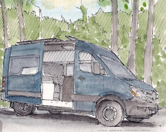 SPRINTER VAN with SUN - Mercedes Sprinter, Vanlife, Custom, Camper, Sun, Drawing, Pen and Ink, Painting, Watercolor, Sketchbook, Drawn There