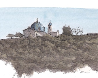 UNIVERSITY of SAN DIEGO - Mission Valley, Architecture, California, Plein Air Ink and Watercolor Painting, Drawing, Art Print, Drawn There