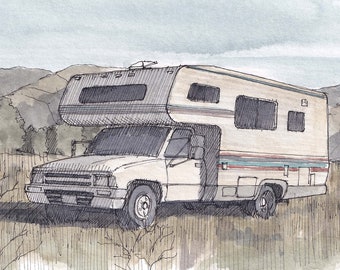 TOYOTA DOLPHIN RV - Classic Camper, Vintage, Camping, Roadtrip, Vanlife, Watercolor Painting, Drawing, Sketchbook, Art, Drawn There