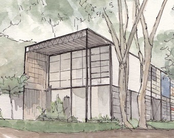 EAMES HOUSE Santa Monica, California - Architecture, Furniture Design, Modular, Pen and Ink, Watercolor, Painting, Art, Sketch, Drawn There