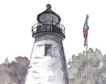 CONCORD POINT LIGHTHOUSE - Chesapeake Bay, Havre de Grace, Maryland, Sailing, Boats, Ink and Watercolor, Painting, Art, Drawn There