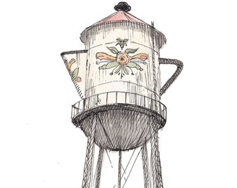COFFEE POT WATERTOWER, Kingsburg California - Ink and Watercolor, Art Prints, Drawing, Kitsch, Sweedish, Design, Public Art, Drawn There