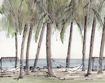 PALM TREES on the beach Punta Islita, Costa Rica - Ink and Watercolor, Tropical, Drawing, Art Print, Sketchbook, Ocean, Hammock, Drawn There