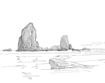 PNW SEA STACKS - Cannon Beach, Ecola State Park, Coast, Ocean, Pacific Northwest, Pen and Ink, Drawing, Sketch, Art Print, Drawn There