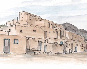TAOS PUEBLO - Southwest Architecture, Native American, New Mexico, Adobe, Watercolor Painting, Drawing, Sketchbook, Art, Drawn There