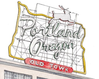 PORTLAND OREGON SIGN - Old Town, Jumping Deer, Neon Sign, Skyline, Drawing, Watercolor Painting, Sketchbook, Art, Drawn There