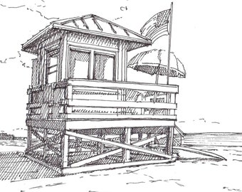 SIESTA KEY BEACH, Florida - Lifeguard Stand, Beach Patrol, Ocean, Summer, Gulf of Mexico, Drawing, Pen and Ink, Sketchbook, Art, Drawn There