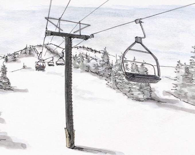 MAMMOTH MOUNTAIN, California - Ink and watercolor, Painting, Drawing, Art, Chair Lift, Winter, Ski, Snowboard, Sierra Mountains, Drawn There