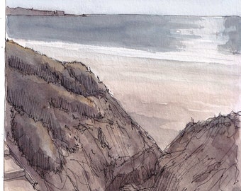 BLACKS BEACH STAIRS - San Diego, Beach, Ocean, Cliffs, La Jolla, Shore , Art, Plein Air Watercolor Painting Watercolor, Drawing, Drawn There