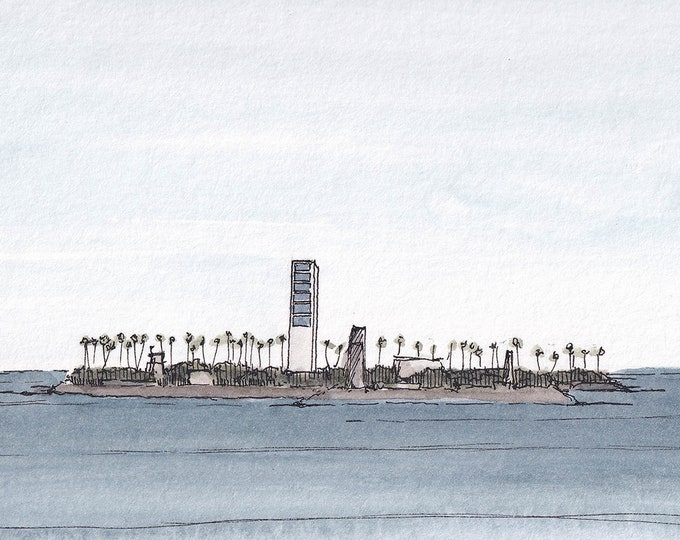 ASTRONAUT ISLANDS Long Beach, California - Oil Rigs, Architecture, Island, Plein Air Watercolor Painting, Sketchbook, Art Print, Drawn There