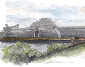 KEW GARDENS LONDON - Palm House Greenhouse Conservatory, Glass House Architecture, Ink and Watercolor Painting Art Print, Drawn There