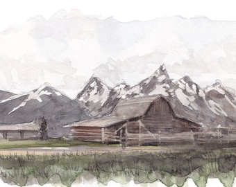 GRAND TETON BARN - Mormon Row Historic Barn Plein Air Watercolor Painting, National Park Art Print, Mountain Landscape Painting, Drawn There