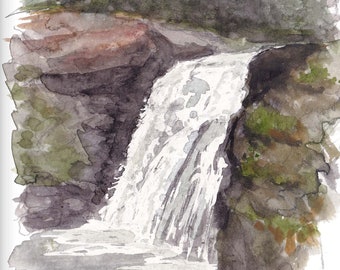 YELLOWSTONE MOOSE FALLS - Plein Air Landscape Watercolor Painting, Waterfall, Nature, National Park Art Print, Drawn There