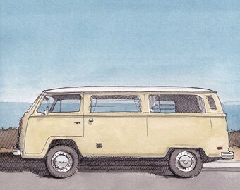 YELLOW VAN BUS - Blue Sky, Vintage Classic Vanlife, Plein Air Watercolor Painting, Drawing, Sketchbook, Art Print, Drawn There