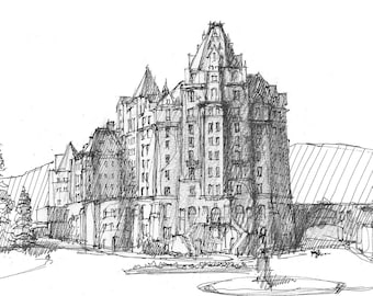 FAIRMONT BANFF SPRINGS - Ink and graphite drawing of the historic Castle of the Rockies hotel near Banff, Alberta, Canada, Architecture Art