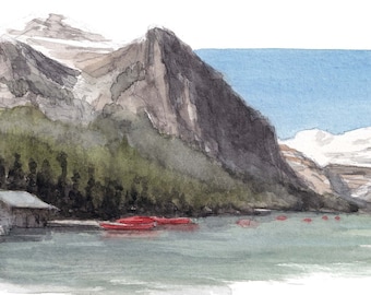 LAKE LOUISE CANADA - Plein Air Watercolor Landscape Painting with Canoes, Glaciers, Mountains and Lake, Canadian Rockies Art Print
