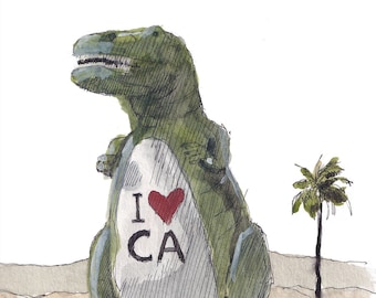 CALIFORNIA T REX  - Cabazon Dinosaur, I Love California, Public Art Sculpture, Watercolor Painting Art Print, Boys Room Decor, Drawn There