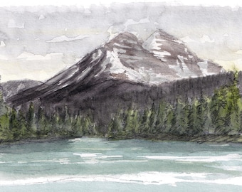 LAKE LOUISE CANADA -  Bow River Plein Air Watercolor Landscape Painting with Mountain, River and Trees, Travel Sketchbook, Mountain Art