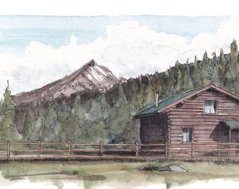 LOG CABIN and MOUNTAINS - Ink and Watercolor Painting in Colorado Rocky Mountains, Wall Art Print, Drawn There
