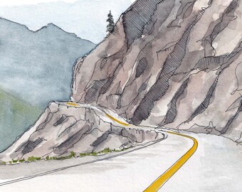 MILLION DOLLAR HIGHWAY in Colorado near Silverton and Ouray - Rocky Mountain Road Trip Watercolor Painting Art Print, Drawn There