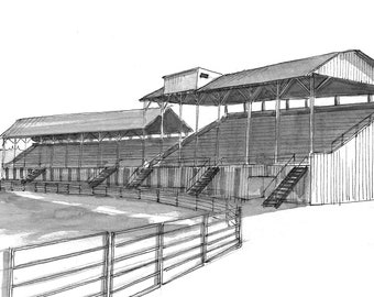RODEO in HAMILTON MONTANA - Pen and Ink Plein Air Drawing of Grandstands at Ravalli Fairgrounds, Western Cowboy Art Print, Drawn There
