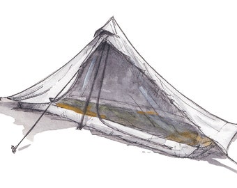 BACKPACKING ULTRALIGHT TENT - Ink and Watercolor Painting Travel Sketchbook Art, Bikepacking Hiking Tent Art, Drawn There