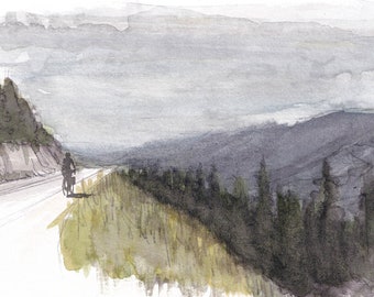ROADBIKE ART - Watercolor Painting Bike Art, Mountain Landscape Bikepacking Art Print