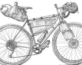 BIKEPACKING BIKE - Pen and Ink Black and White Bike Art Drawing Sketch Print, Bicycle Art, Gravel Bikepacking Camping Art, Drawn There