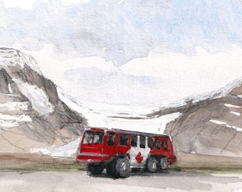 ATHABASCA GLACIER & EARTHROAMER - Canadian Icefields Parkway Road Trip Plein Air Watercolor Art Print
