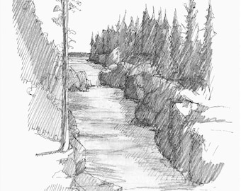 YELLOWSTONE FIREHOLE CANYON - National Park Art Sketchbook, Pencil Sketch, Madison River, Wyoming Landscape Sketchbook Art, Drawn There