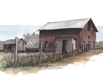 RUSTIC BARN near Missoula, Montana - Plein Air Ink and Watercolor Painting Art Print