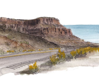 NAVAJO NATION MESA - New Mexico Ink and Watercolor Plein Air Landscape Painting, Southwest Wall Art, Drawn There