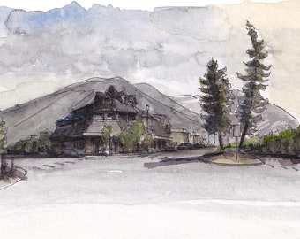 DOWNTOWN JASPER ALBERTA - Fine Art Print of Plein Air Ink and Watercolor Painting of Sunset in Jasper