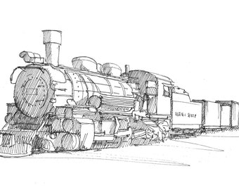 DURANGO SILVERTON RAILROAD - Pen and Ink Sketch of Historic Steam Locomotive Train Engine